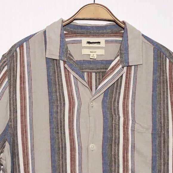 Madewell Shirt Men’s Small Beige Easy Short-Sleeve Stripe Linen Faded Wicker New - Picture 3 of 15